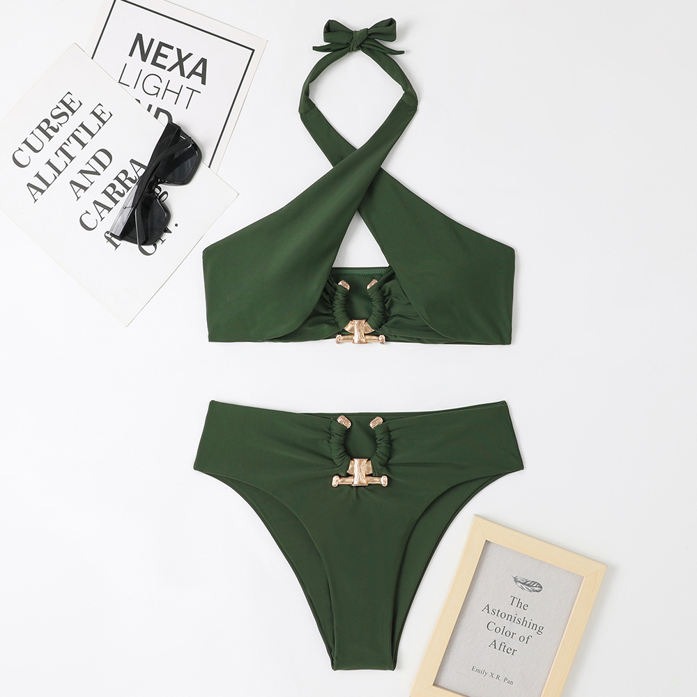 Women's Solid Colour Bikini Set Backless Sexy Metallic Accents_voghion.com