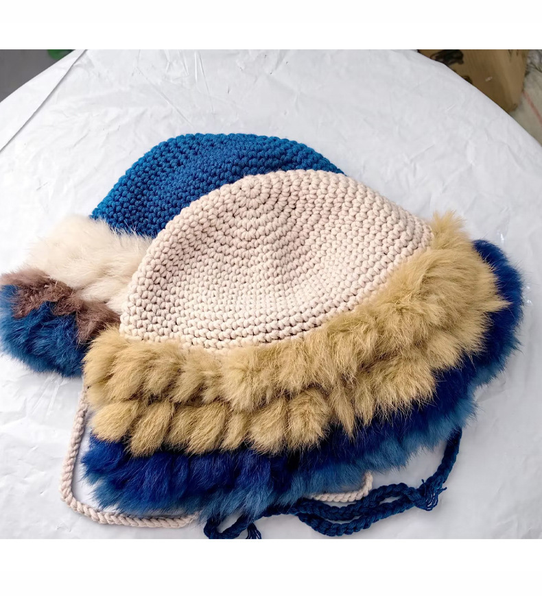 Cappello lavorato a maglia in pelo di coniglio per donna in autunno inverno, cappello in lana calda patchwork, versione coreana, peluche dolce e carino_voghion.com