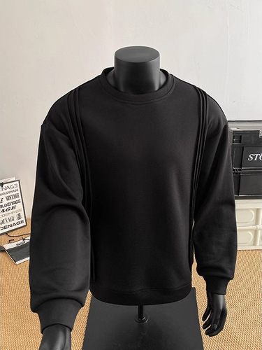 Black American Heavyweight Sweatshirt for Men Spring Retro Crew Neck Design-Oriented Niche Hoodie Streetwear Base Coat