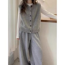 春秋款新款圆领单排扣无袖针织衫马甲女外套韩版别致外穿灰色背心