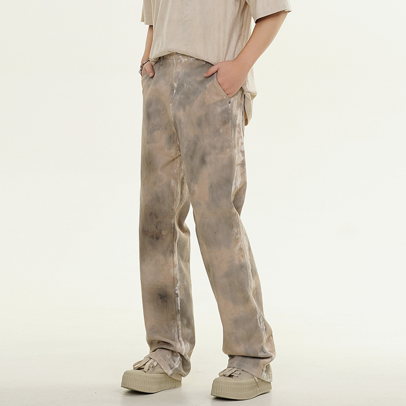 Men's trendy brand washed tie dyed dirty jeans with distressed straight leg casual pants_voghion.com
