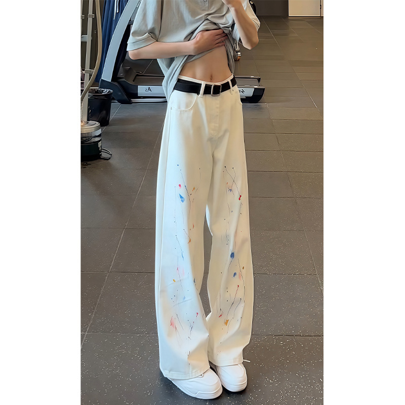 White Splatter Graffiti Jeans for Men, New Spring and Autumn Trendy American High Street Wide-Leg Straight Flared Pants