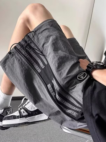 Striped men's summer thin quick-drying zip work pants with ice silk five-pocket design