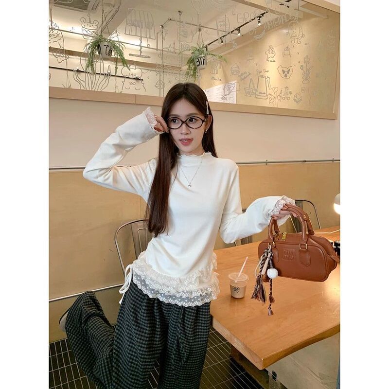 Cream White Double-Layer Lace Splicing Half Turtleneck Long-Sleeved T-Shirt for Women in Autumn and Winter Slim Drawstring Inner Velvet Top