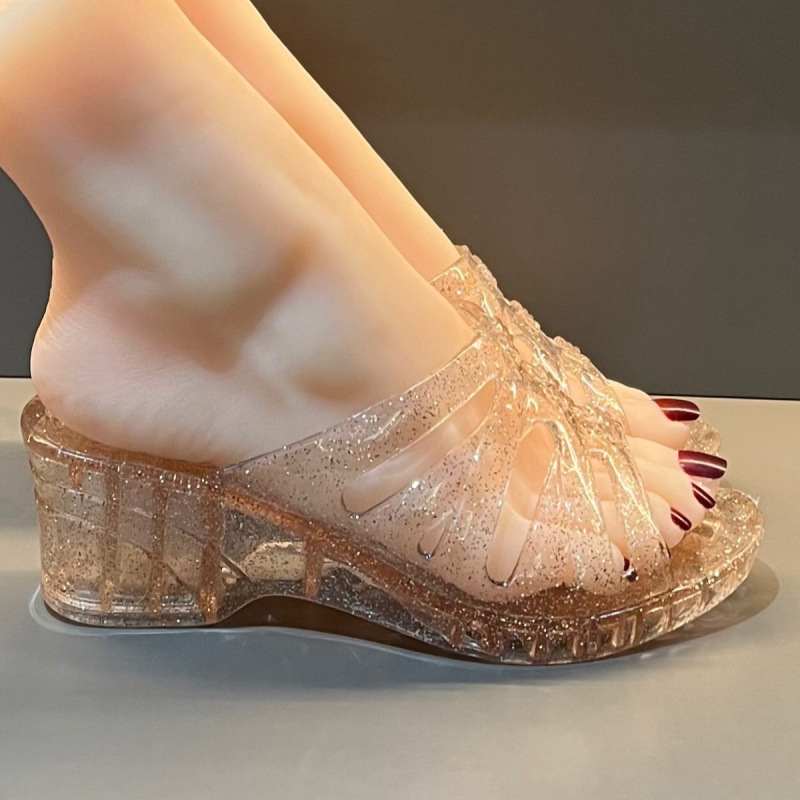 High-Looking Fashionable Glitter Crystal Shoes, High Heels, Jelly Non-Slip, Anti-Odor Outer Slippers, Fashionable Wedge Shoes to Increase Height