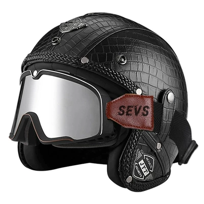 Motorcycle Safety Supplies, Safety Helmet - 555-leather-helmet-black-plaid-large-frame-goggles-silver-mirror-s