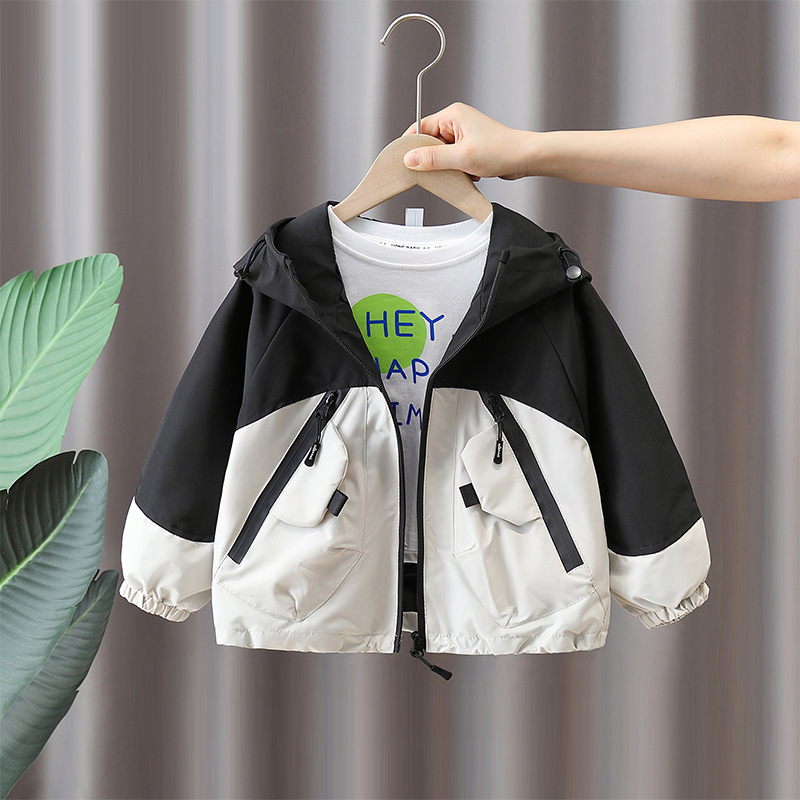 7602 cortavientos para niños chaqueta para niños 2025 nueva chaqueta con capucha de color en contraste chaqueta de primavera y otoño para bebés ropa para niños