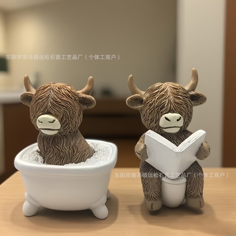 Cross-Border New Creative Home Desktop Resin Bathroom Toilet Highland Cow Statue Ornaments Holiday Decorations Cross-Border New Creative Home Desktop Resin Bathroom Toilet Highland Cow Statue Ornaments Holiday Decorations