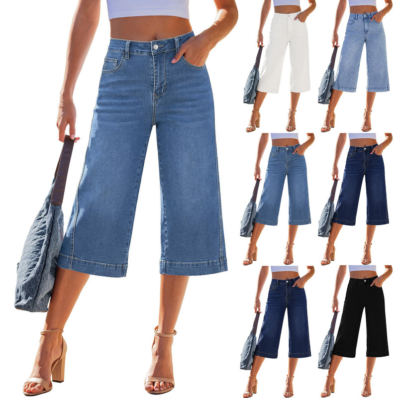 New American Retro Denim Mid-Length Pants for Women, Summer High-Waisted Loose Wide-Leg Pants, Cropped Pants, Straight-Leg Pants