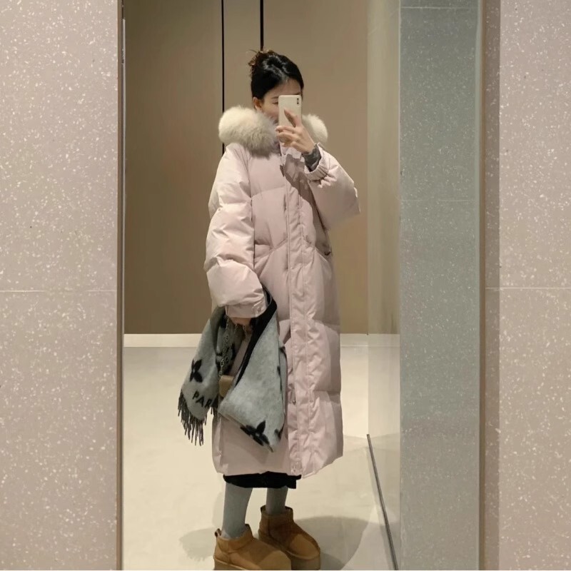 Women's Mid-Length down Cotton Coat, Over-The-Knee, 2025 Winter New Style, Thickened for Warmth, with Button Closure and Large Fur Collar