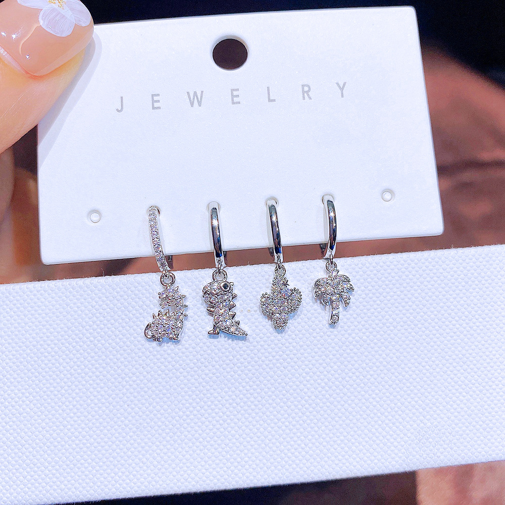 Womenu0027S Fashion Dinosaur Copper Earrings Inlay Zircon Drop Earrings 4 Pieces