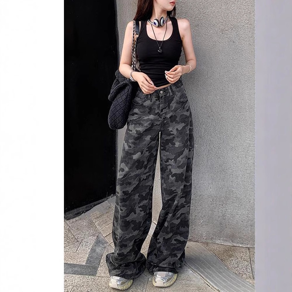 Vaqueros de pierna ancha de camuflaje retro americano para hombre 2025 primavera nuevo estilo de cintura alta pantalones de trapeador rectos sueltos y delgados