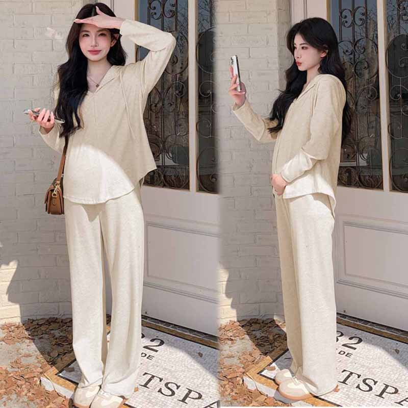 [Customized] Maternity Wear Korean Style Autumn and Winter Internet Celebrity Hot Style Half-Zip Hooded T-Shirt High-Waisted Drawstring Pants Two-Piece Set