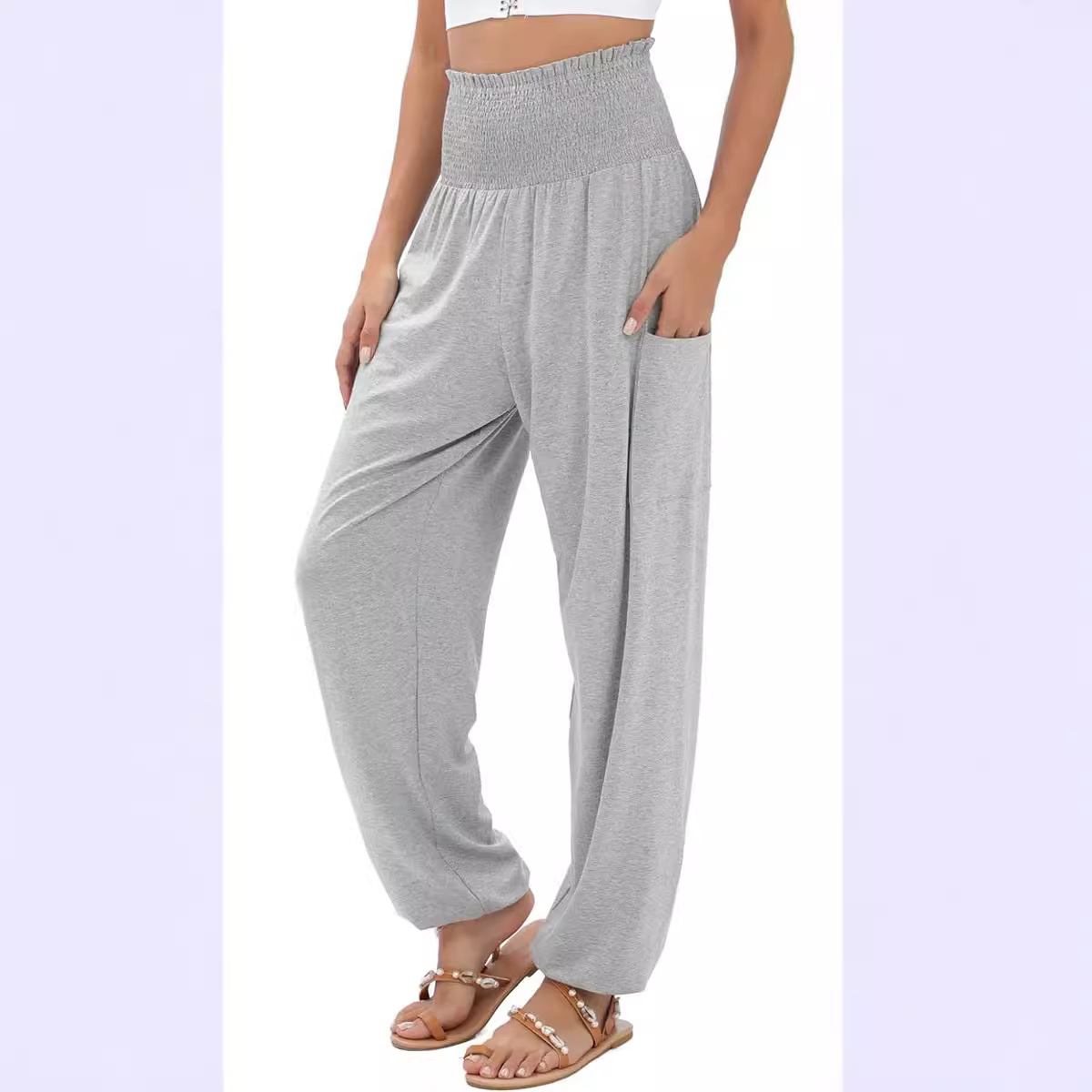 女士新款纯色休闲时尚女装松紧高腰阔腿休闲长裤休闲裤