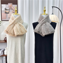 秋冬季保暖水貂毛围巾韩版简约款双面编织皮草围脖高级感水貂毛领