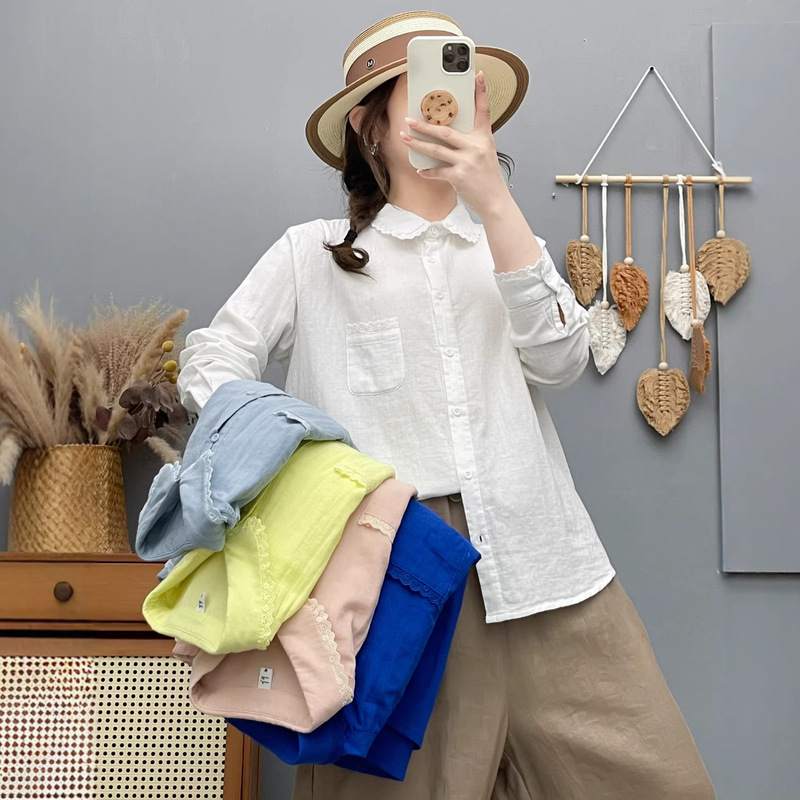 666 Artistic Soft Double-Layer Cotton Yarn Round Neck Lace Long Sleeve Shirt Women's 2026 Spring/Summer New Casual Top 666 Artistic Soft Double-Layer Cotton Yarn Round Neck Lace Long Sleeve Shirt Women's 2026 Spring/Summer New Casual Top