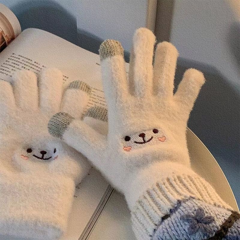 秋冬可愛笑臉加厚加絨針織保暖手套戶外騎行開車觸屏手套學生通勤