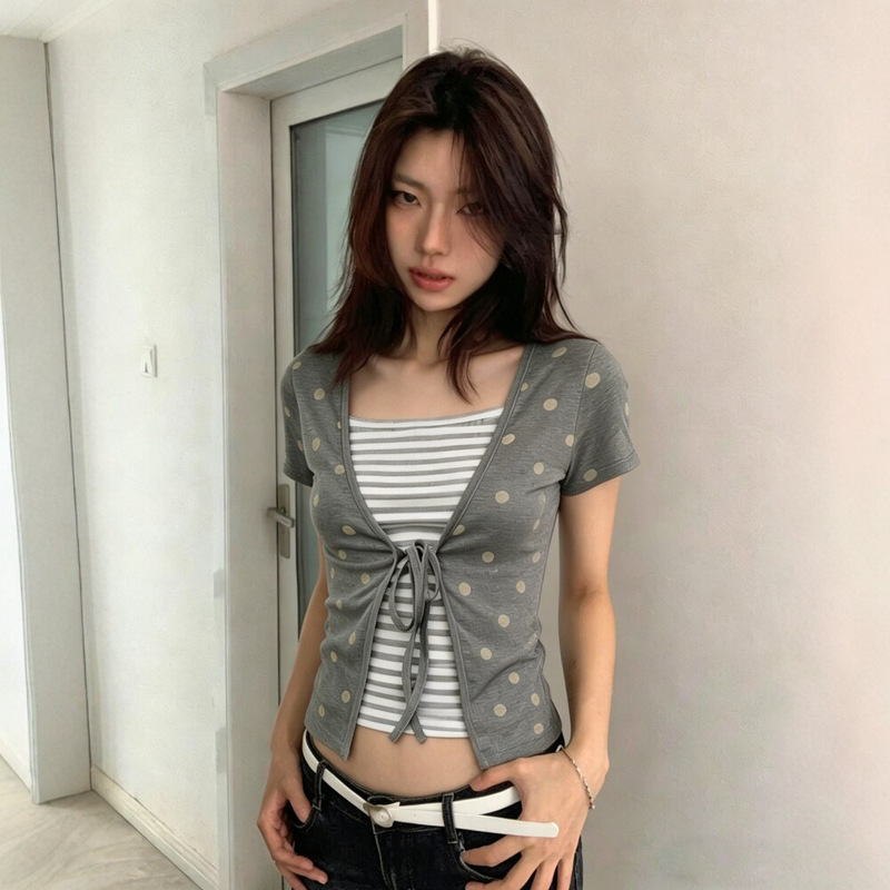 [260g Rayon Modal] Contrast Color Fake Two-Piece Polka Dot Short-Sleeved T-Shirt for Women, New Summer Slim Fit Top, Trendy
