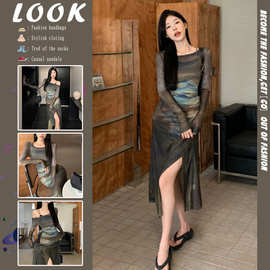 复古御姐风开叉长袖网纱裙女内搭吊带连衣裙两件套装秋季2025新款