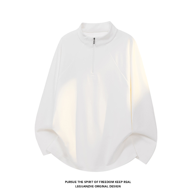 Maglia termica da uomo bianca destrutturata con mezza zip, vestibilità ampia e calda, ideale per autunno e inverno, casual e lunga._voghion.com