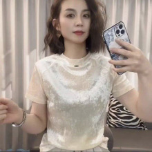 2025夏季圆领短袖上衣修身丝绸光感妈妈装气质通勤短袖优雅T恤女