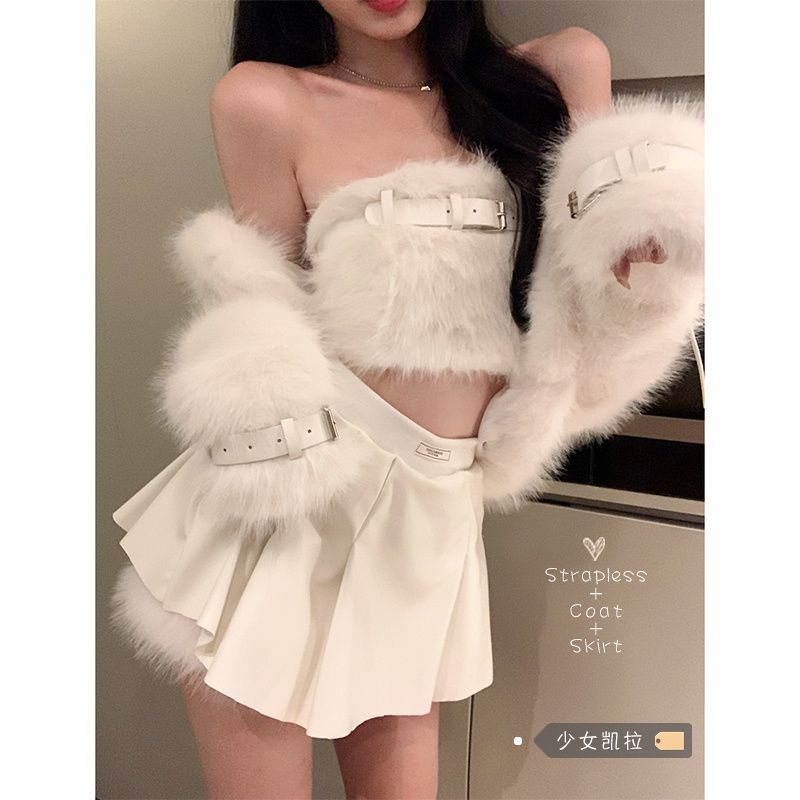 (2개) WENGFENG 스파이스 여자 세트 여성용 스트랩리스 탑 카디건 코트 가을과 겨울 가죽 스커트 패션 우아한 3 피스 세트