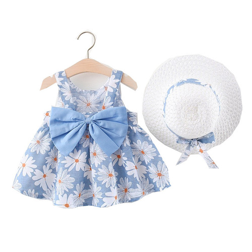 Summer  New Small Chrysanthemum Big Bow Grass Hat Dress for Girls and Baby Girls, Full of Small Chrysanthemum Dress for Girls