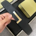 Brushed silver base with brushed gold plate buckle, black lychee grain strap, 3.8cm wide