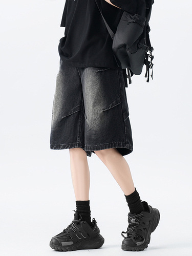 American-style designed pleated denim shorts for men, summer high-street, washed and distressed, five-pocket pants, plus-size straight-leg mid-rise pants