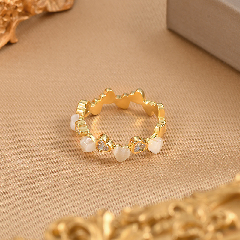 Copper Material Wholesale Jewelry Fashion Heart Shape Copper Cat's Eye Stone Zircon Plating Rings