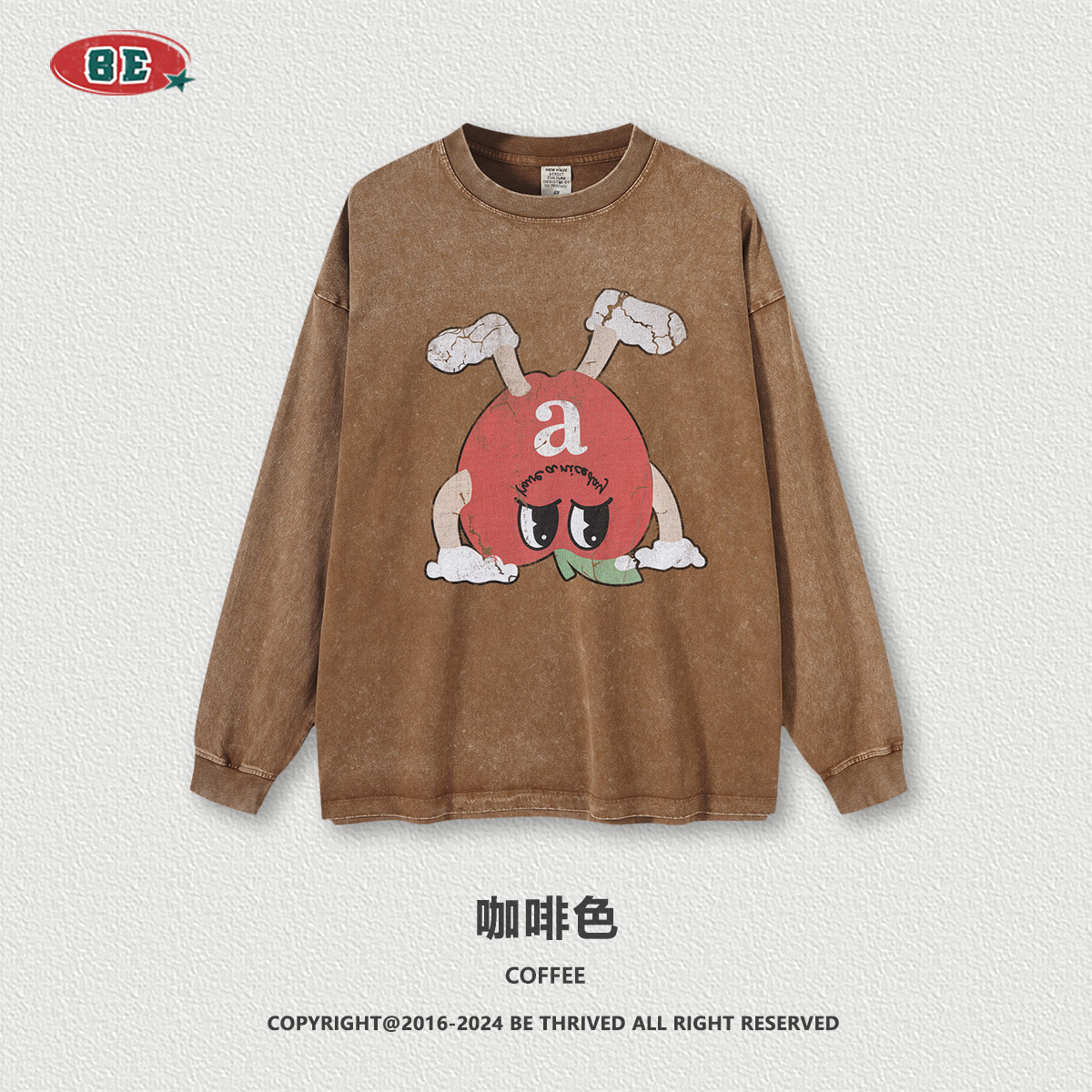 BE ropa de hombre | Camiseta Retro de Manga Larga para Hombre, Estilo Americano, Lavada, Estampada, con Diseño de Frijol M Invertido, de Algodón Puro, Desgastada, Primavera-Otoño 2025