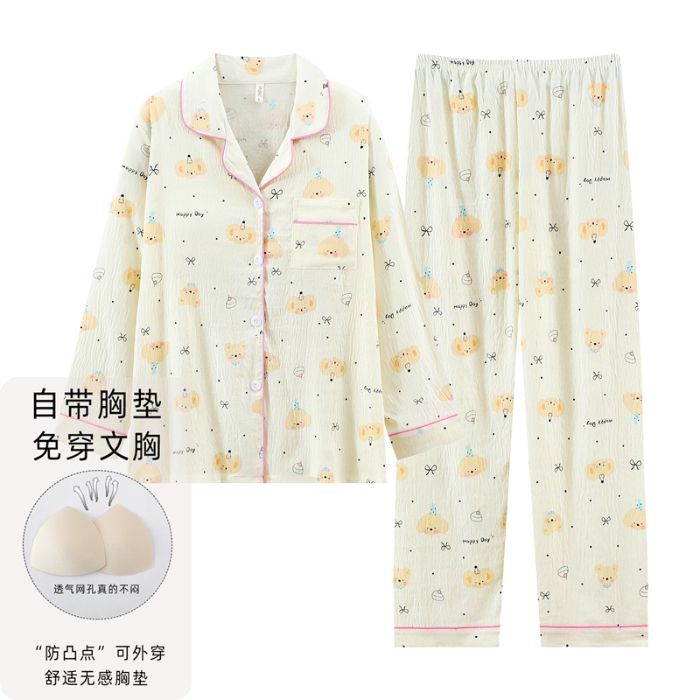Nube de algodón pijama de primavera y otoño dulce dibujos animados con cojín de pecho cardigan de manga larga pantalones largos dos piezas de ropa de hogar
