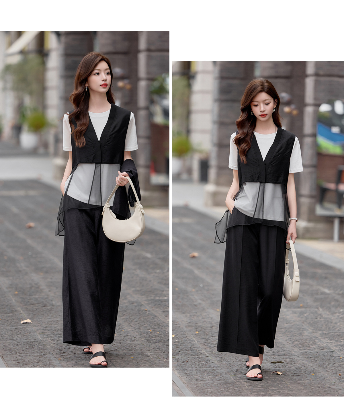 Bộ quần áo nữ V-neck vest kết hợp quần ống rộng hai mảnh mùa hè 2026 — màu đen, màu cà phê chi tiết 24