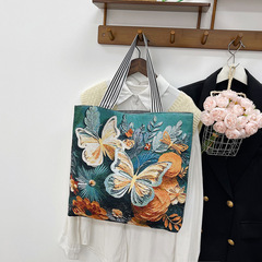 新しいジャカード織り刺繍キャンバスバッグ猫漫画バッグ蝶刺繍ショルダーバッグ女性のバッグポータブルママショッピングバッグ