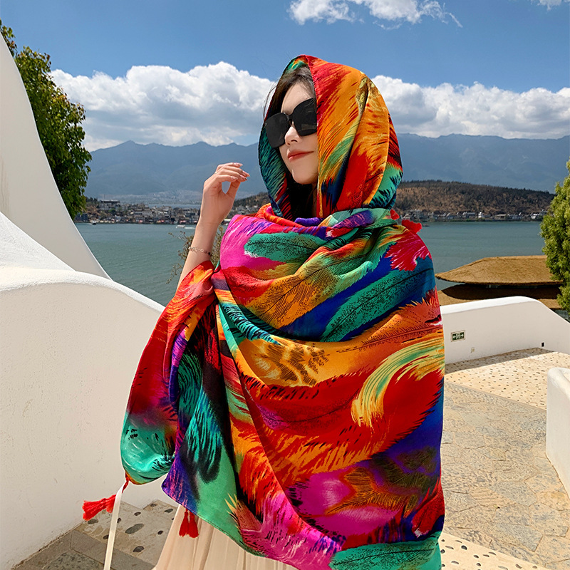 Yunnan estilo étnico colorido pluma viaje protector solar Toalla de playa moda al aire libre chal decorativo algodón y lino sensación bufanda seda