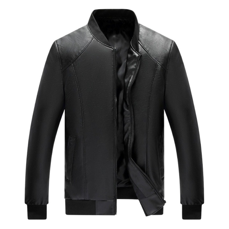 Baseball Collar Leather Jacket for Men, Autumn and Winter Stand Collar Coat, Korean Style Slim Fit Casual Middle-Aged Flight Jacket, Pu Motorcycle Jacket