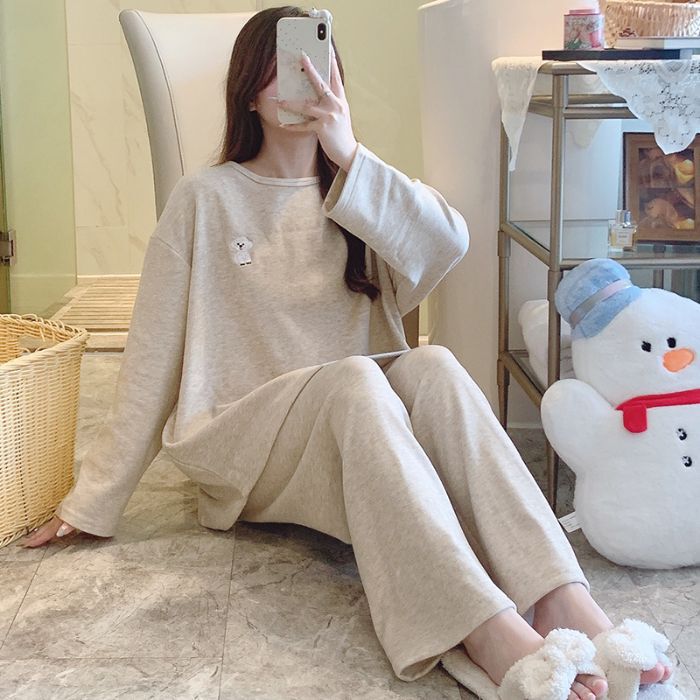 胖mm睡衣女秋冬季新款绵羊绒长袖套装简约风加肥大码家居服可外穿|undefined