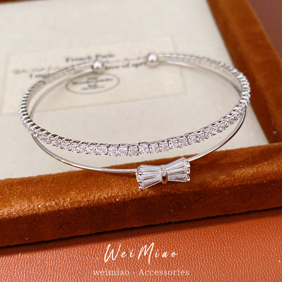 Doble arco de zircon brazalete abierto de moda diaria pulsera versátil ligera de lujo nicho alta sensación de joyas al por mayor
