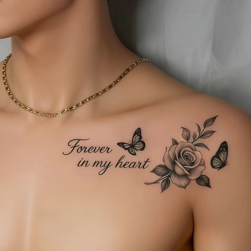 Forever English Rose Butterfly Tattoo Sticker, High-End Black and Gray Realistic Waterproof Tattoo Sticker for Collarbone and Chest