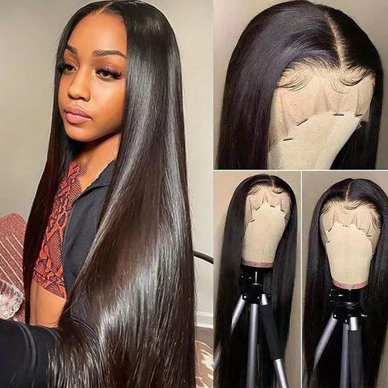 Parrucca sintetica alla moda in stile europeo-americano con riga centrale, capelli lunghi e lisci, taglia media, resistente alle alte temperature, con pizzo, copertura completa della testa per uso quotidiano._voghion.com