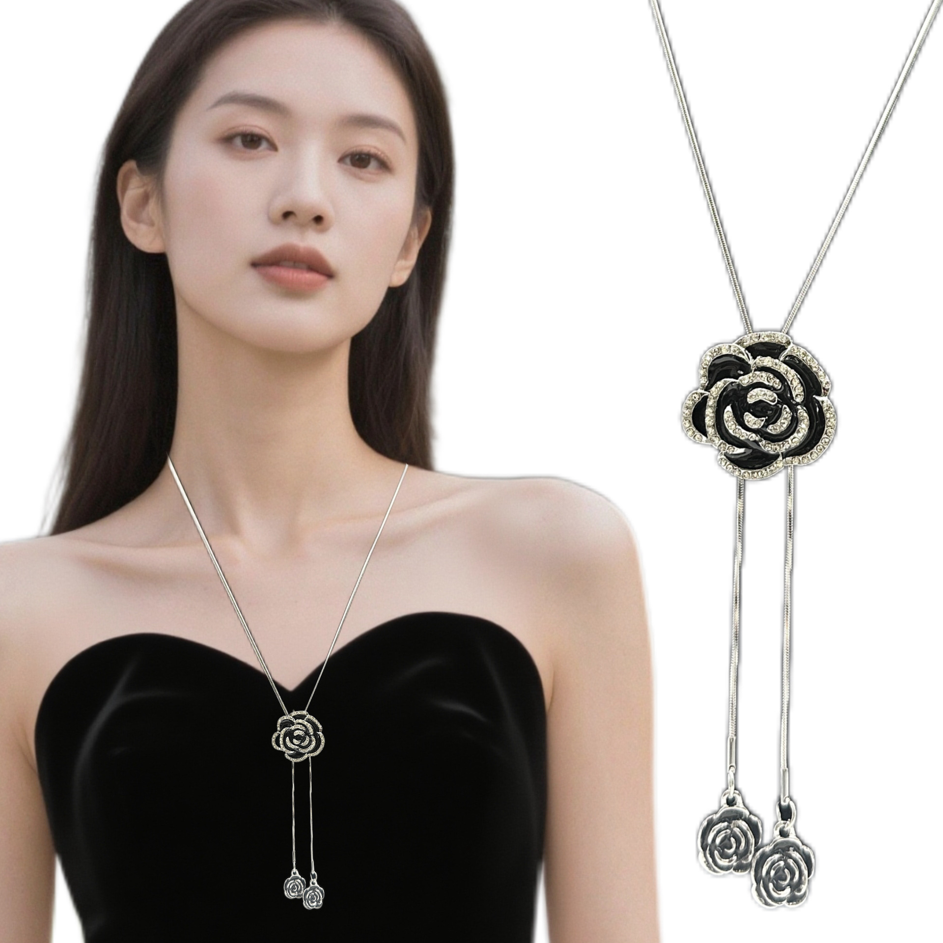 Pendentif rose en alliage de qualité avec chaîne serpent_voghion.com