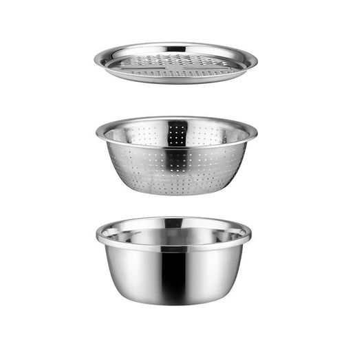 Stainless Steel Shredder Bowl Three-Piece Set Kitchen Household Multi-Functional Shredder Bowl Drainage Bowl Rice Washing Bowl Drainage Basin Vegetable Washing Basin 