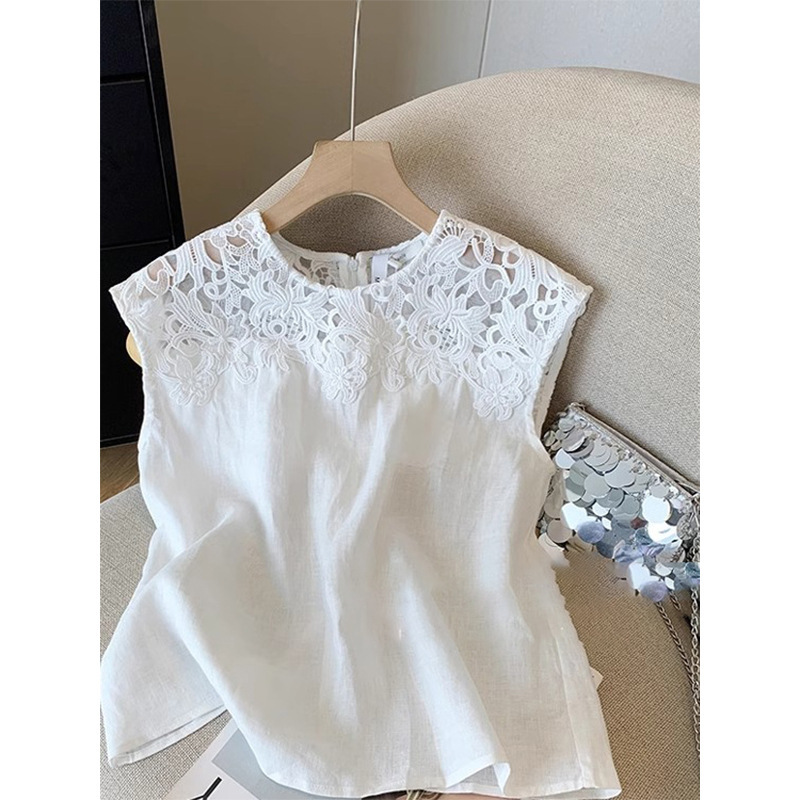 フレンチレトロリネンベスト Tシャツ女性のための 2025 夏ルーズヘビー刺繍中空レースコットンとリネンノースリーブトップ|undefined