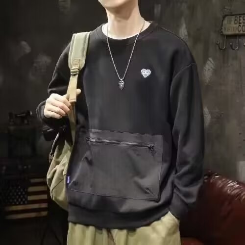 Primavera y otoño nuevo suéter de cuello redondo bolsillo de los hombres cremallera más tamaño suelta más tamaño de los hombres camisa de nicho manga larga moda