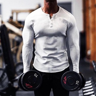 Spring and Autumn Fitness Long Sleeve Men's Button V-neck Sports T-shirt Fitness Breathable Elastic Casual Running Henry Shirt