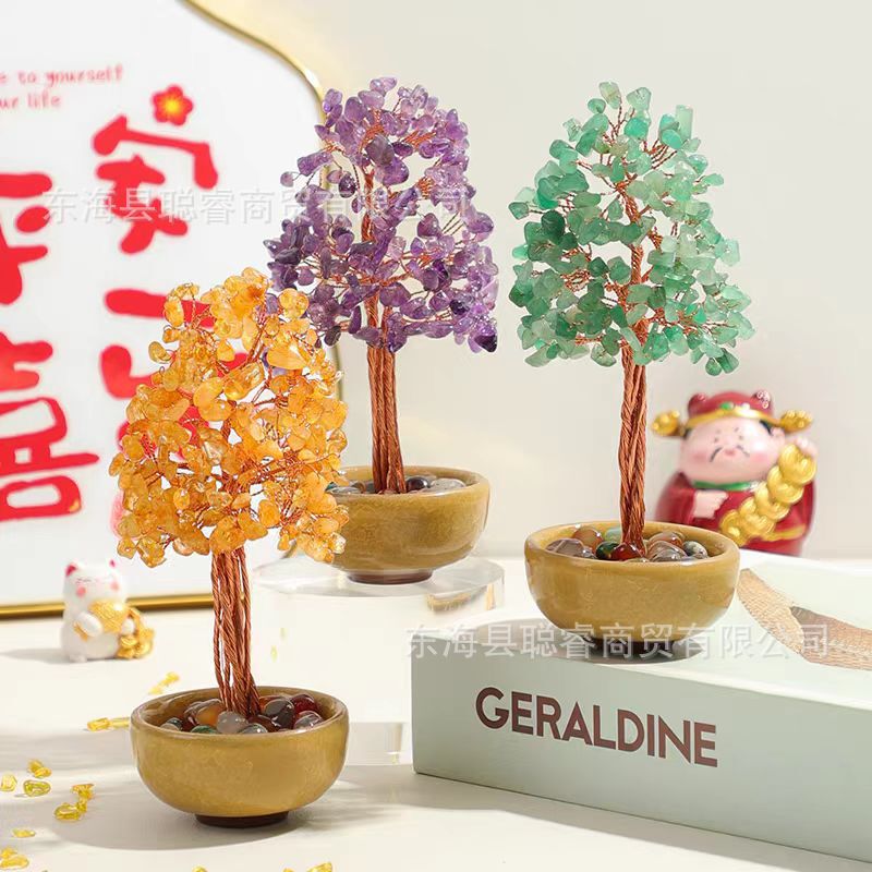 Natural Crystal Money Tree Ceramic Bowl Base Tree of Life Home Office Money Tree Decorative Ornaments