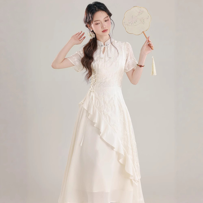 女性の 2025 十三行中国風不規則なフリルドレス新中国風のドレス改良されたチャイナドレス|undefined