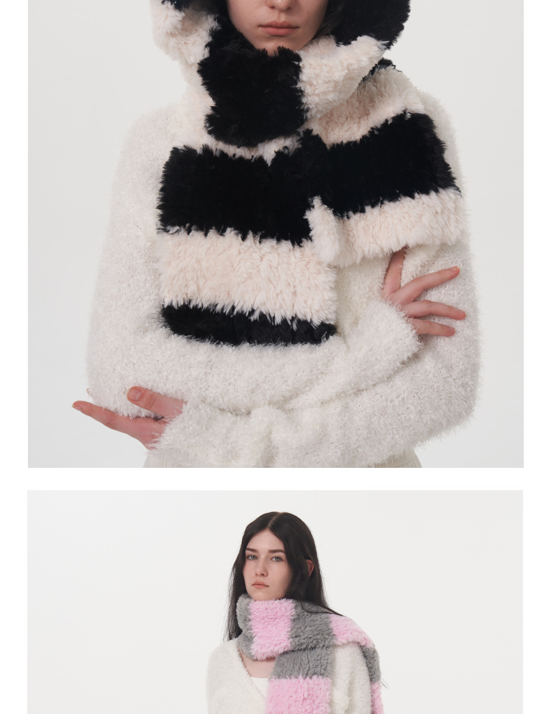 Women's Scarves Soft striped two-color plush scarf for women winter new warm thickened versatile cute knitted scarf scarf_voghion.com