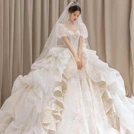 法式泡泡袖婚纱2023新款新娘主纱礼服高级质感重工奢华大拖尾冬季
