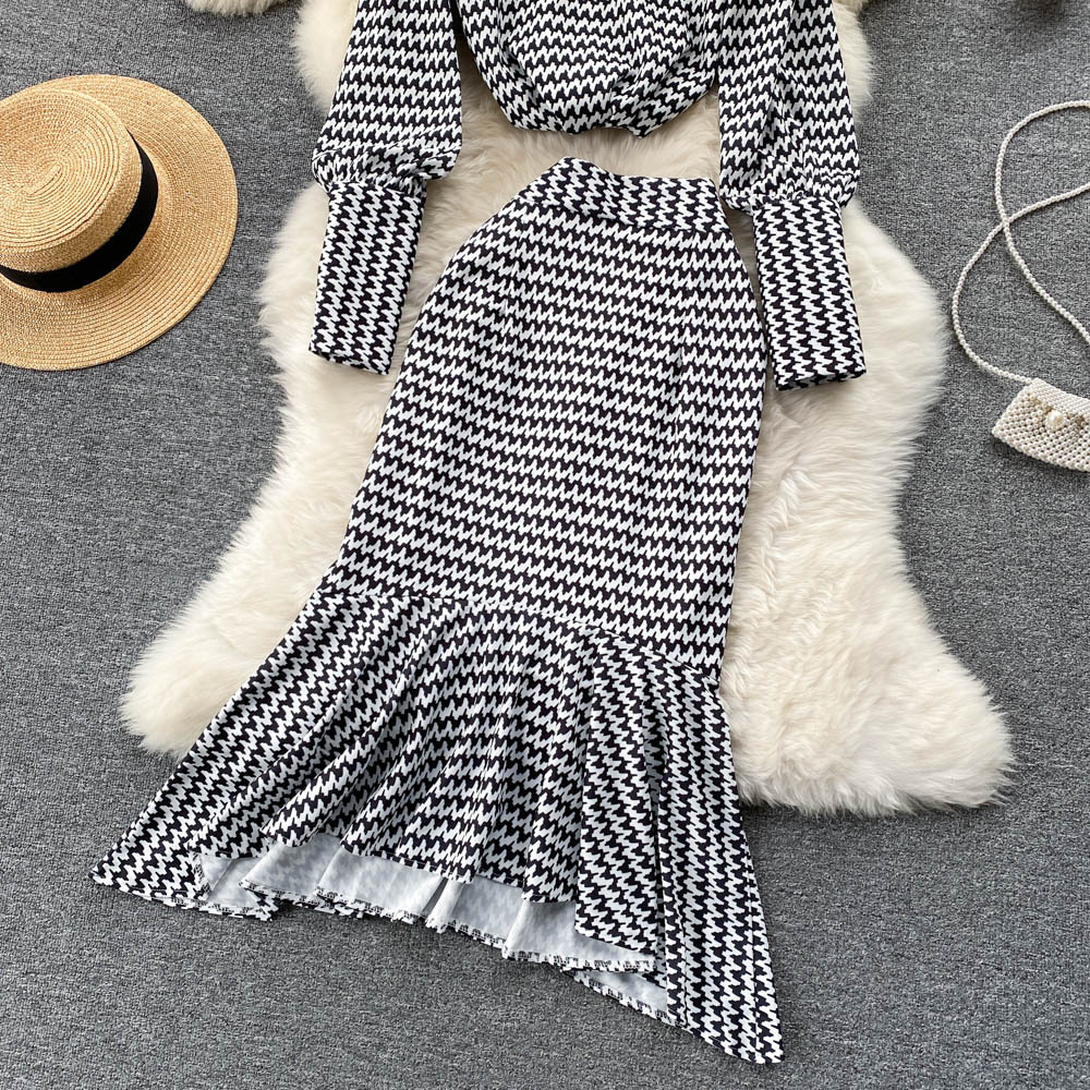 Women's Clothing Celebrity women's clothing suit retro corrugated puff sleeve top versatile fishtail skirt feeling two piece suit_voghion.com
